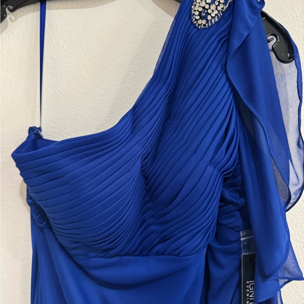 Ignite Evenings Elegant Blue Draped Dress One Shoulder Gown